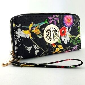 Dasein Continental Zip Around Black Multi Colour Floral Wallet Clutch  Wristlet